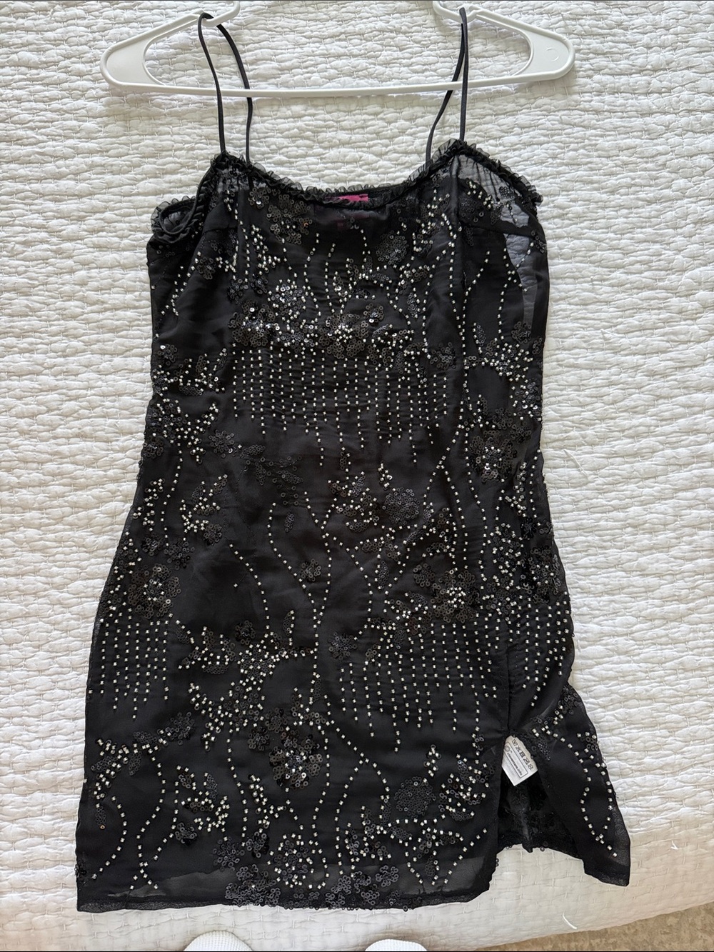 Edikted XS Black Beaded Sheer Slip Dress with Spaghetti Straps